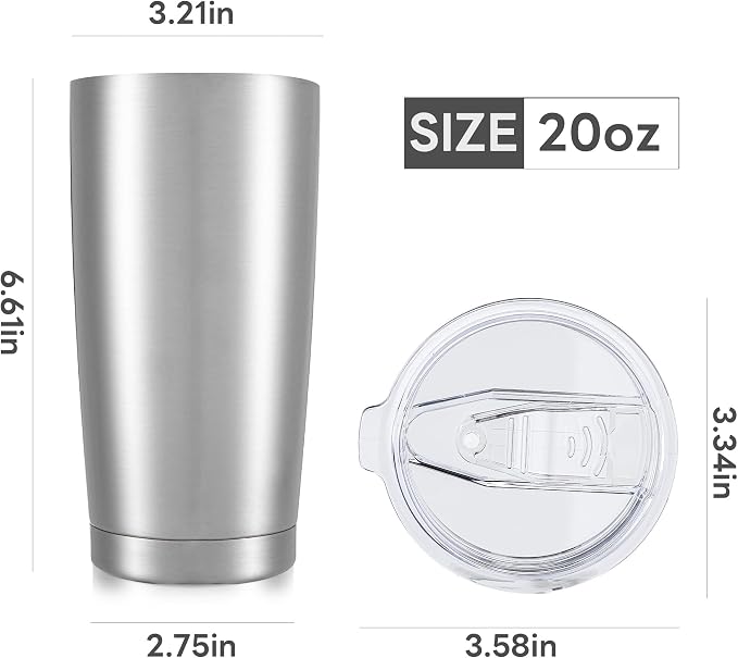 20 oz Tumbler with Lid Stainless Steel Insulated Tumblers Bulk Double Wall Vacuum Cups Powder Coated Travel Mug Keep Drink Cold and Hot, Stainless Steel, 8 Pack