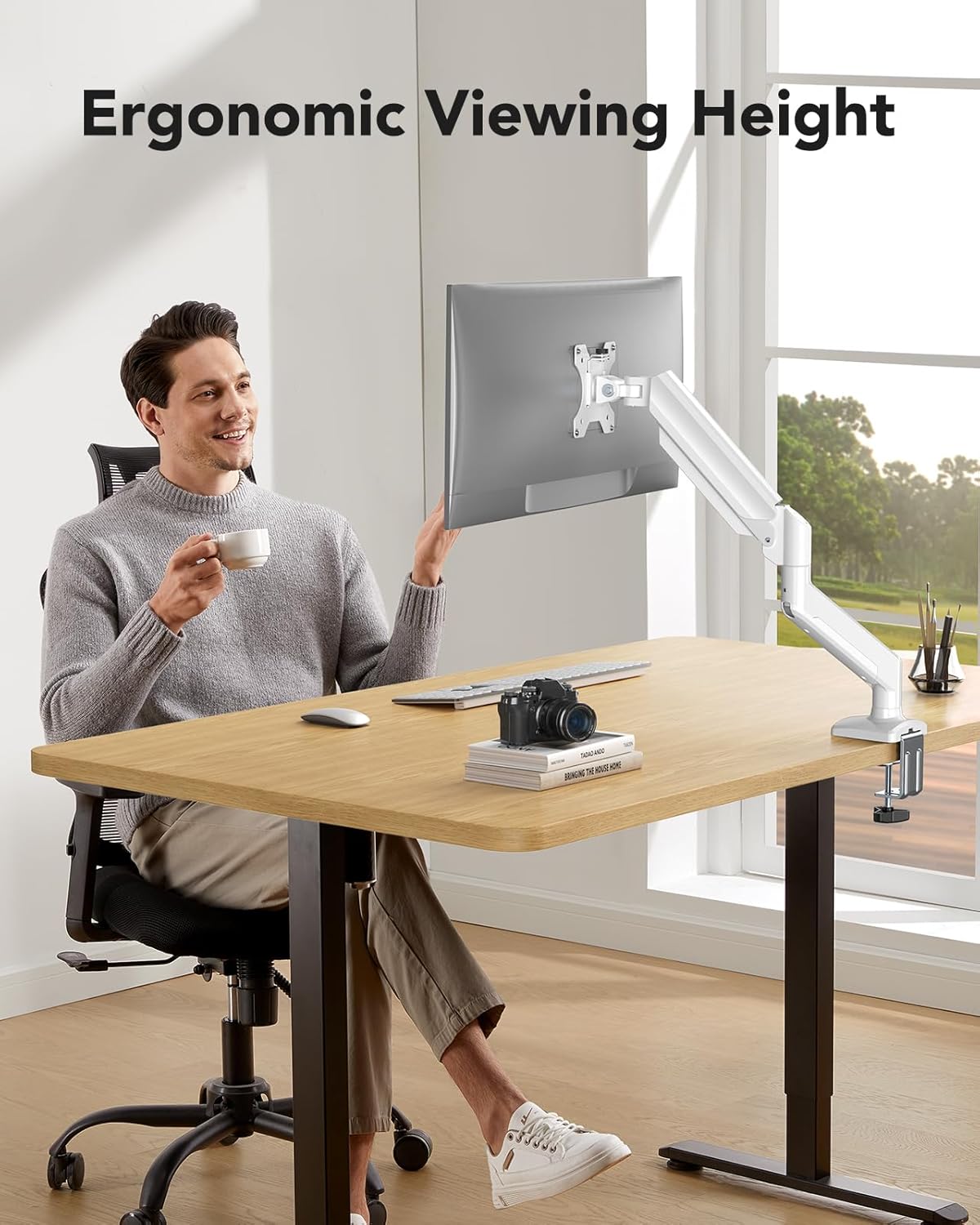 HUANUO Single Monitor Arm 13-34 Inch, Adjustable Gas Spring Arm, Monitor Desk Mount for 4.4-22lbs, VESA 75/100mm with C-Clamp/Grommet Base, Ergonomic Stand for Work/Gaming