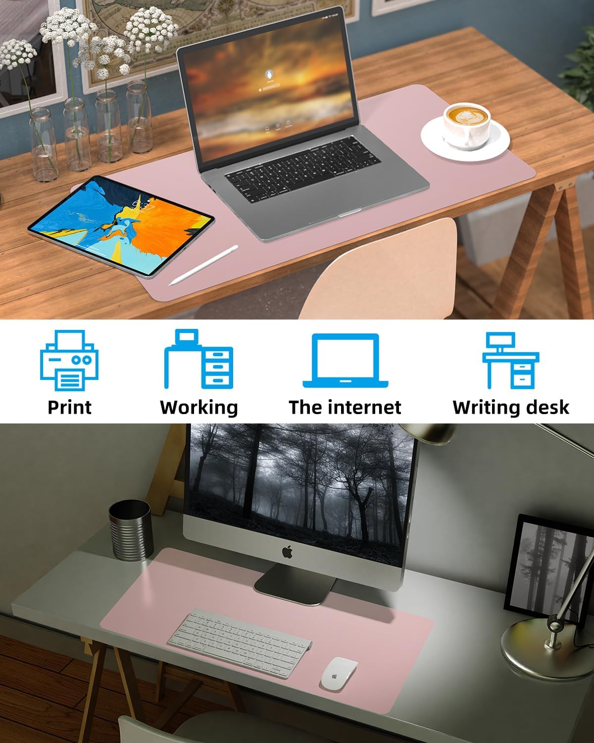 Non-Slip Desk mat,PULeather Desk Pad Protector, Office Desk Mat, Large Mouse Pad,Desk Blotter, Laptop Desk Pad, Waterproof Desk Writing Pad for Office and Home (Rose Pink, 35.4" x 17")