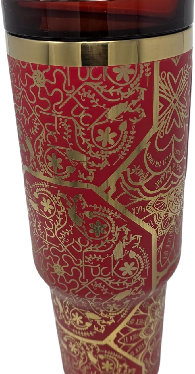 Hidden Cuss Word Tumbler 40oz Laser Engraved Funny Nurse Gift Swear Tumbler with Lid and Straw, Multicolor, Gag Gift Hidden Curse Words Stainless Steel Travel Mug (Red with Gold Underlay)