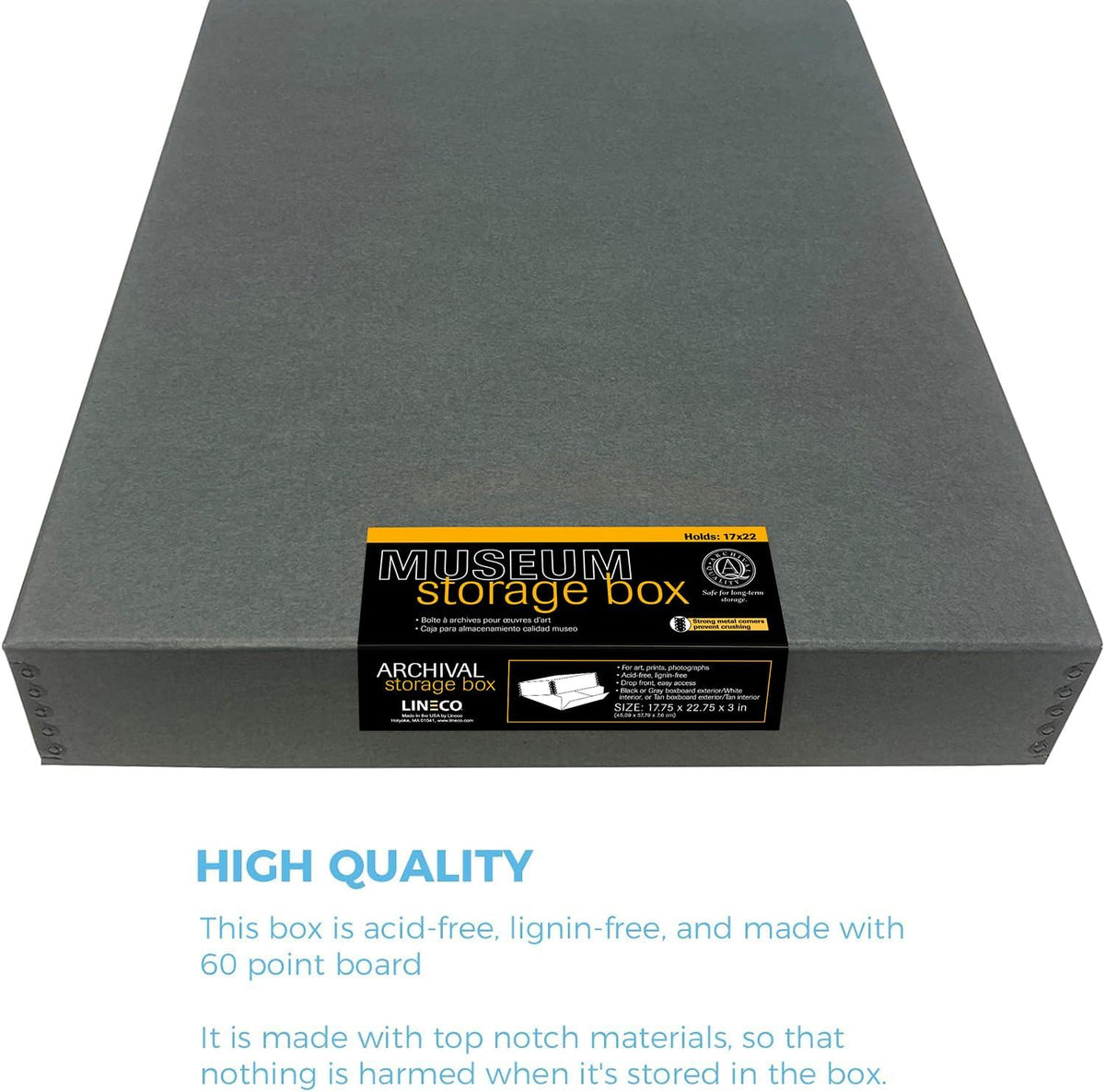 Lineco Museum Archival Storage Box, 17.75x22.75x3 in. Drop Front Design. Acid-Free with Metal Edge. Organize Photos, Pictures, Prints, Documents, Crafts, DIY. Gray, 2 Pack