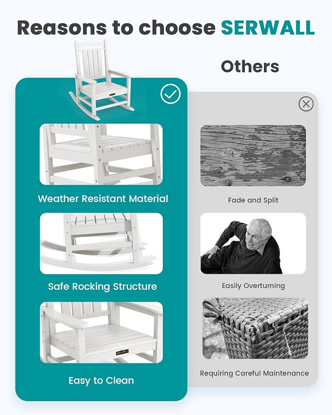 SERWALL Outdoor Rocking Chair, HDPE Patio Rocking Chair All-Weather Porch Rocker