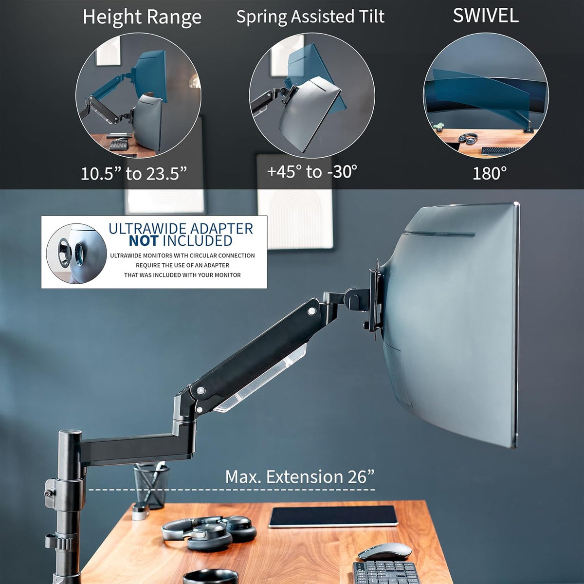 VIVO Premium Aluminum Tall Extended Monitor Arm for Ultrawide Monitors up to 49 inches and 33 lbs, USB Single Desk Mount Stand, Pneumatic Height Adjust, Max VESA 100x100, Black, STAND-V101GTU