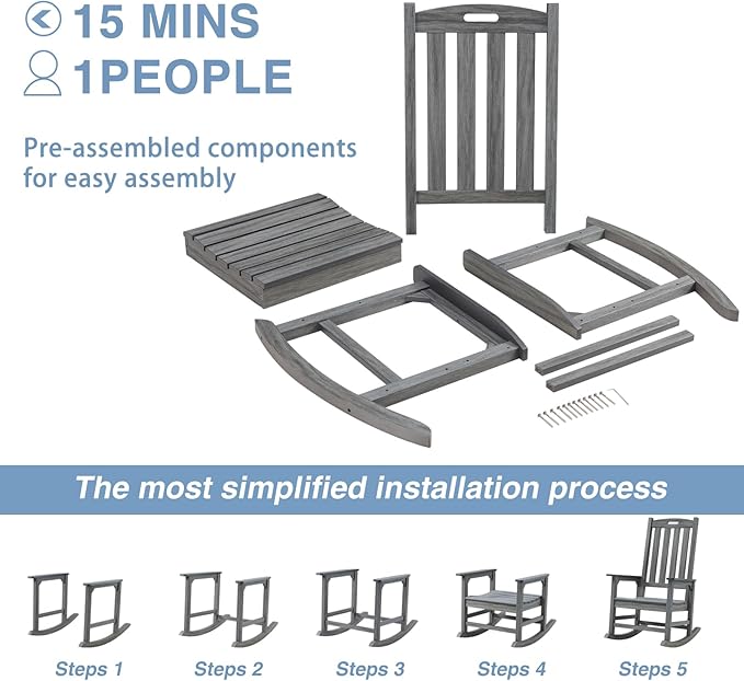 Psilvam Outdoor Rocking Chair, Poly Lumber Oversized Rocking Chair