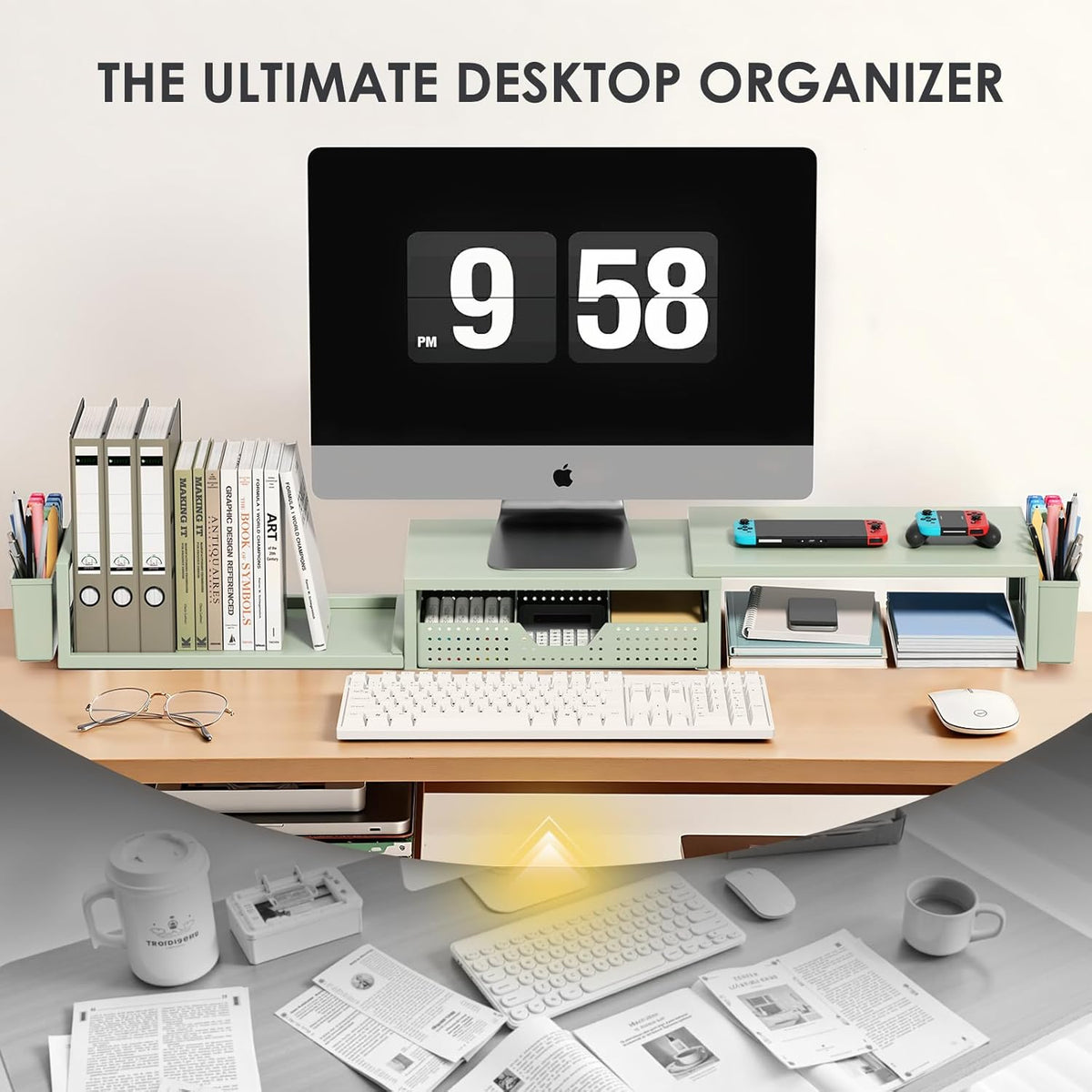 Desk Organizers and Accessories, Dual Monitor Stand Riser with Drawer and 2 Pen Holders, Desk Shelf Metal Computer Monitor Stand for Office Workspace Organizers, Desktop Organization (Green)