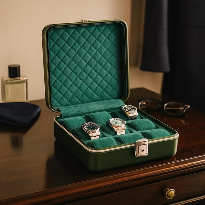 Bey-Berk Prague Aluminum Watch Case in Hunter Green – 9-Slot Locking Travel Box