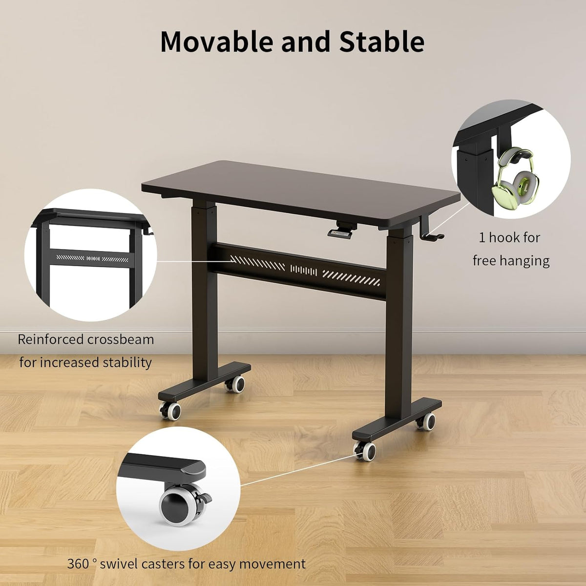 Mobile Walking Pad Desk with Wheels, Pneumatic Small Rolling Standing Desk Riser Height Adjustable (28-43.7") for Treadmill, Portable Computer Table for Home Office, Black