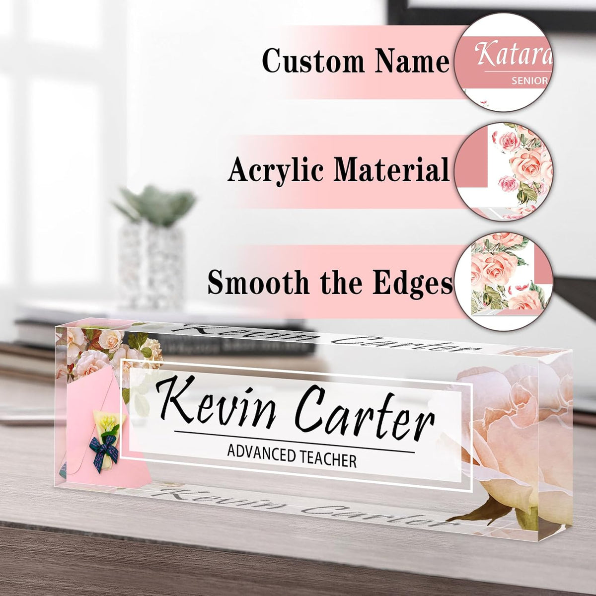Name Plate for Desk Personalized, Acrylic Desk Decorations, Employee Appreciation Gifts, Custom Office Gifts for Coworkers, Boss, Teacher, Nurse (Pink Rose)