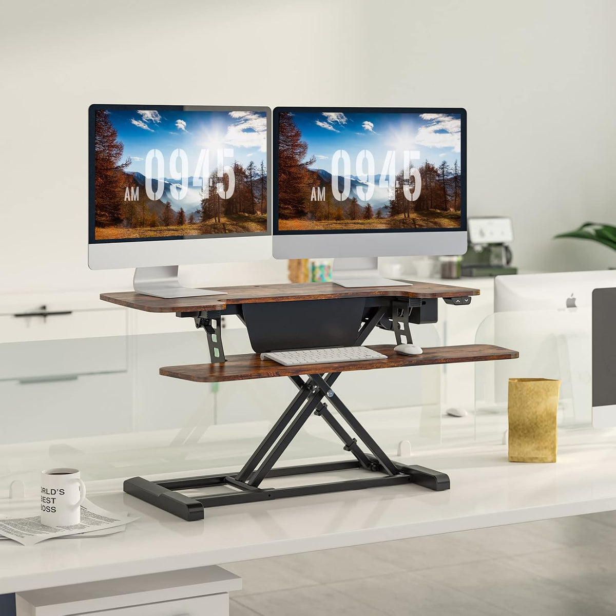 FLEXISPOT Electric Standing Desk Converter, 36'' Height Adjustable Motorized Desk Riser for Computer Monitors & Laptop Workstation, Rustic Color