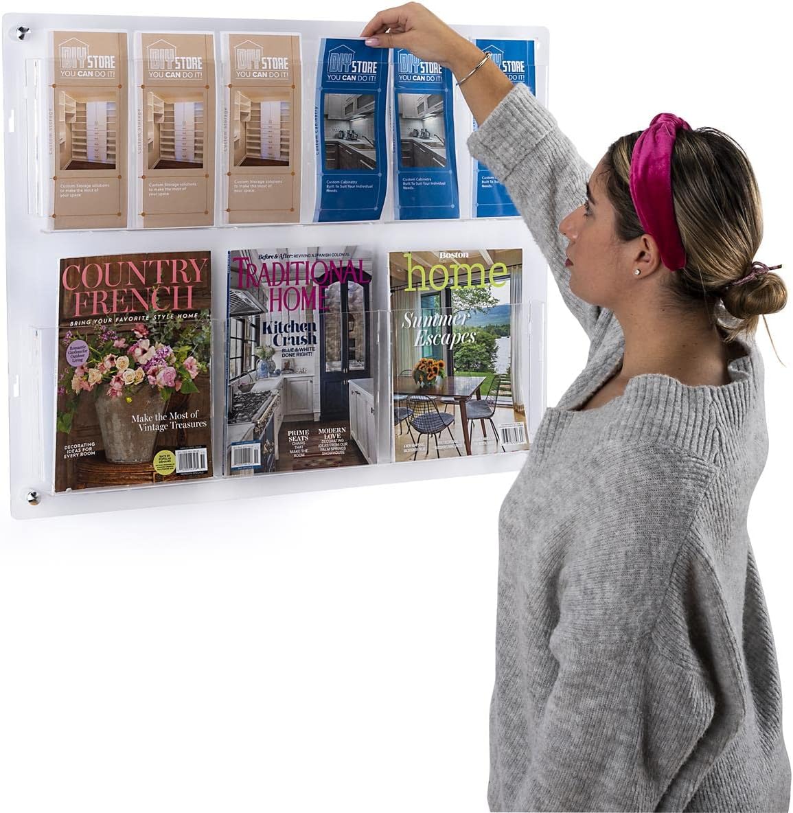 Displays2go 2-Tiered Acrylic Literature Wall Rack, Adjustable, Fits Brochures and Magazines - Clear (2RP6CLR)