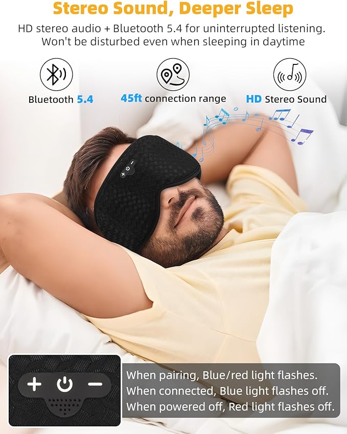 3D Contoured Sleep Mask with Bluetooth Headphones, Adjustable Blackout Sleeping