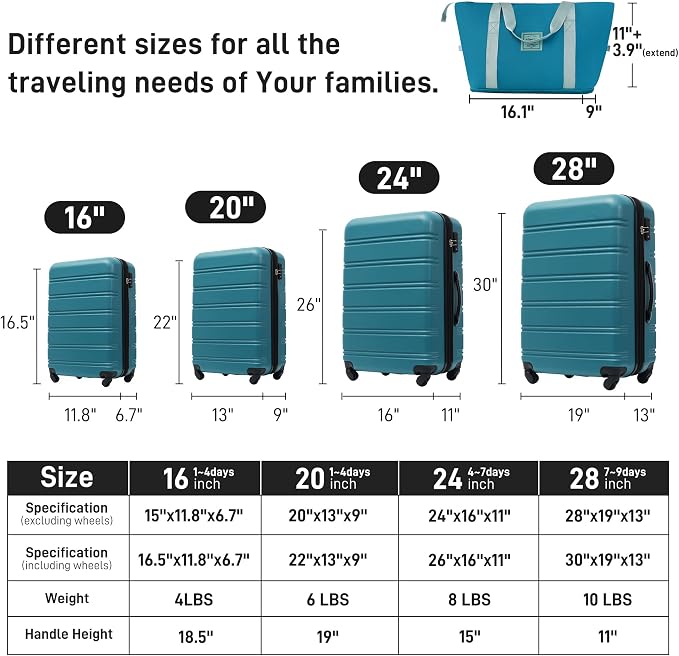 Merax Luggage sets of 13 Piece 16 20 20 28 IN Carry on Luggage Hard Case Green