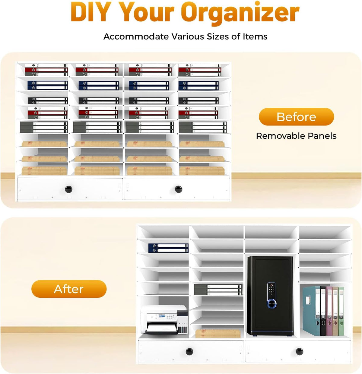 Adjustable Literature Organizer, 32 Slots File Folder Organizer Storage Rack Desktop Letter Office Cabinet 32 Compartment with 2 Drawers Paper Storage Cabinet for Classroom (32+2-Slot-White)
