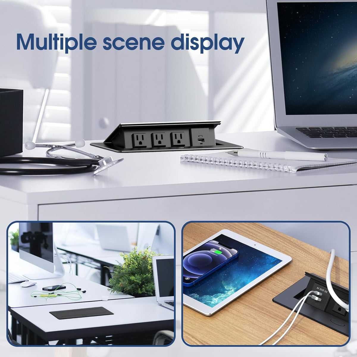 KYHSHJ Connection Box Desktop Pop Up Outlet with 3 * 15A Receptacle,2.1A 1 USB-A Ports &1 USB-C Port,Corrosive Resistant Hardware,Black