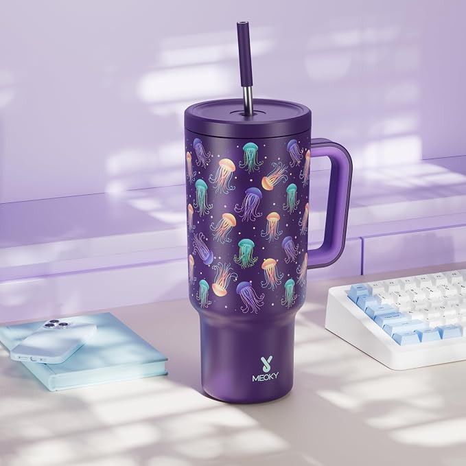 Meoky 40 oz Tumbler with Handle and Straw: Glow in the Dark Tumbler with Lid and Straw - Stainless Steel Insulated Tumbler for Car Cup Holders - Travelers Commuters Workers, Jellyfish