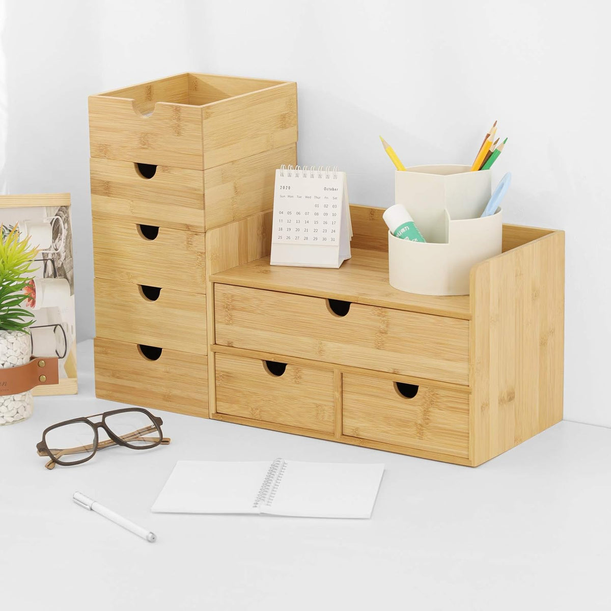 Bamboo Desk Drawer Organizer, 2 Drawer Desktop Organizer with Drawers Tabletop Storage Organization Box for Office Home Toiletries Supplies Vanity, No Assembly Required