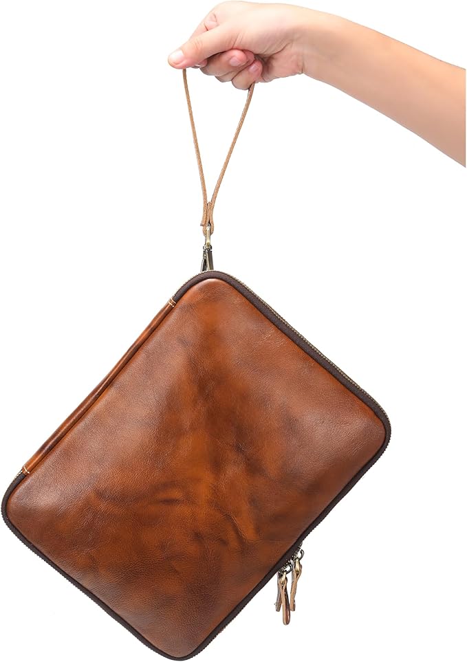 LANNSYNE Full Grain Leather Travel Cable Accessories Bag, Electronic Organizer