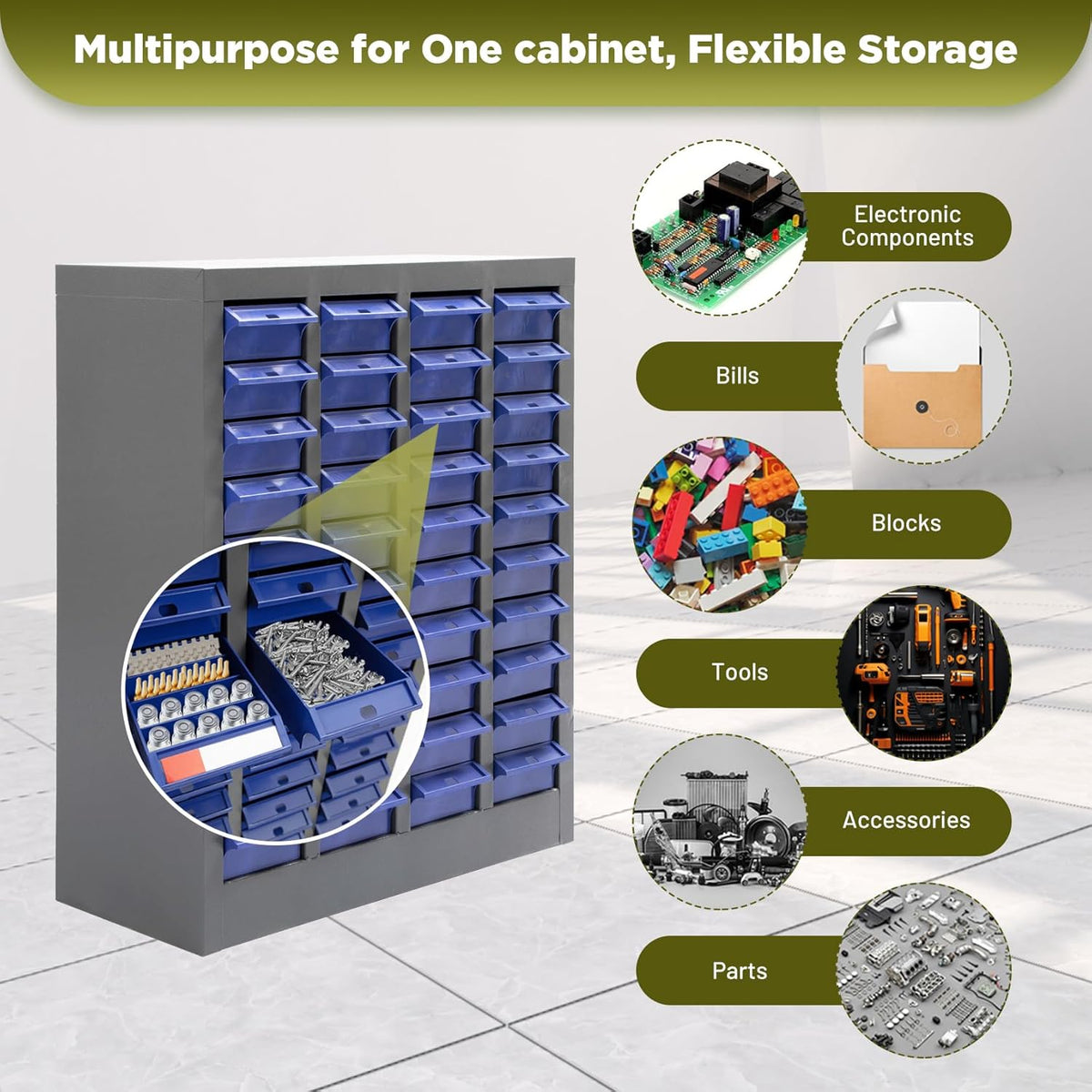 40-Drawer Parts Storage Cabinet – Multi-Purpose Organizer for Screws, Bolts, Nails, Craft Supplies, Legos, Makeup & Tools – Compact Plastic Drawer Unit for Garage, Workshop, Classroom & Home