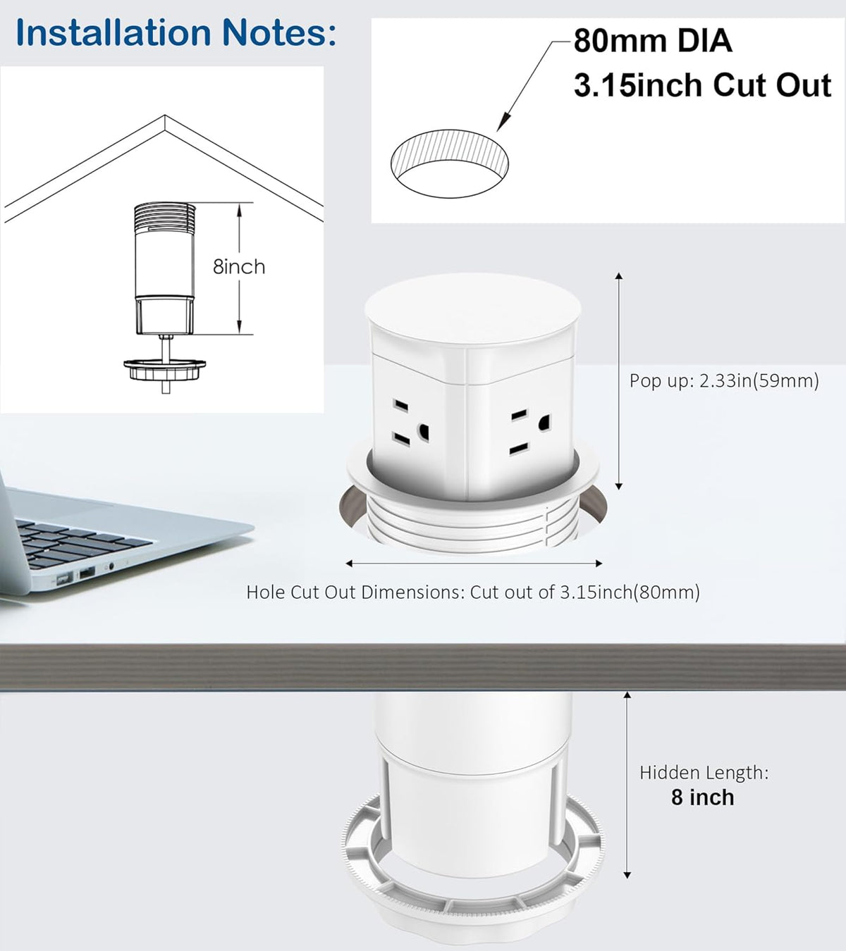 Jgstkcity Pop Up Outlet for Countertop, Flush Mount Tamper Resistant Space Saver Recessed 1875W Grommet,4 Outlets,15Amp Receptacle,ETL Listed,3.15inch Hole,White