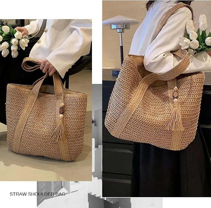 Straw Beach Bags for Women Woven Beach Tote Bag Casual Boho Large Shoulder