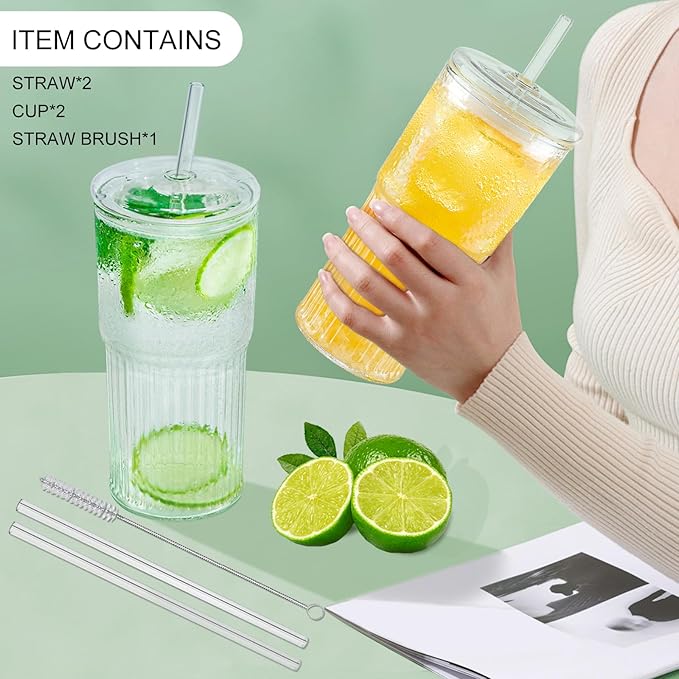 Luiaiog Glass Cups with Lids and Glass Straws, High Borosilicate 20OZ Tumblers (2Pcs) for Coffee, Tea, Juice, Smoothies, Hot/Cold Drinks at Home, Office(Creative Drink Label Design)