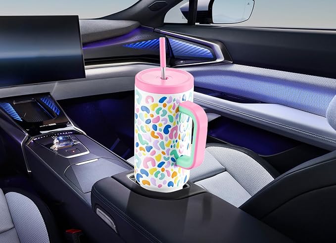 Meoky 50 oz Tumbler with Handle, Tumbler with Lid and Straw, Insulated Stainless Steel Travel Mug, 100% Leak-proof, Keeps Cold for 36 Hours or Hot for 12 Hours (Leopard)