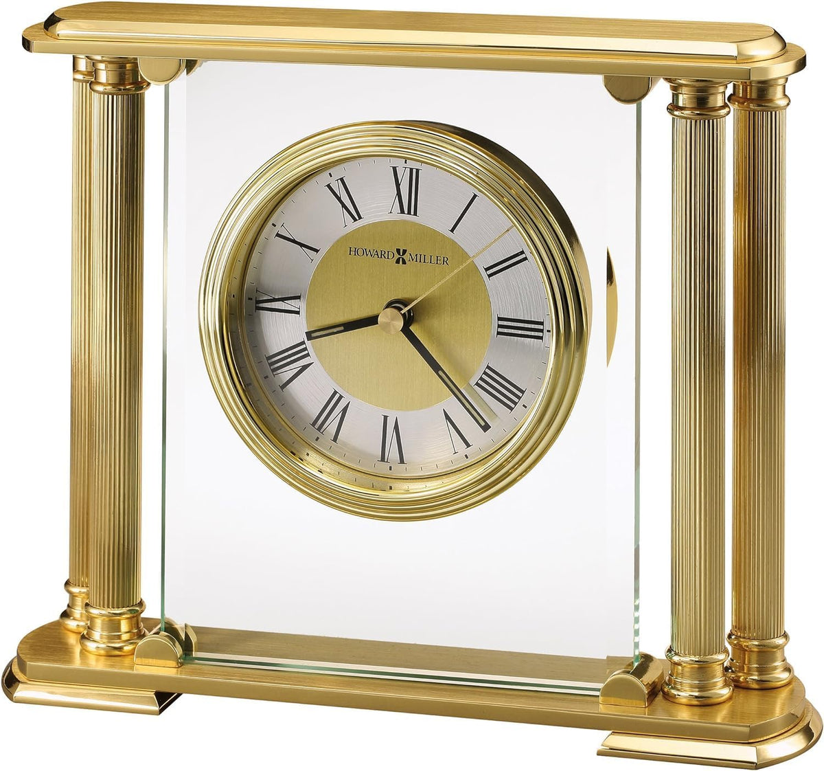 Howard Miller Challis Table Clock II 549-649 – Brushed Solid Brass Finish, Glass Crystal, Polished Edges, Brass Feet & Felt Bottom, Antique Home Décor, Quartz Movement