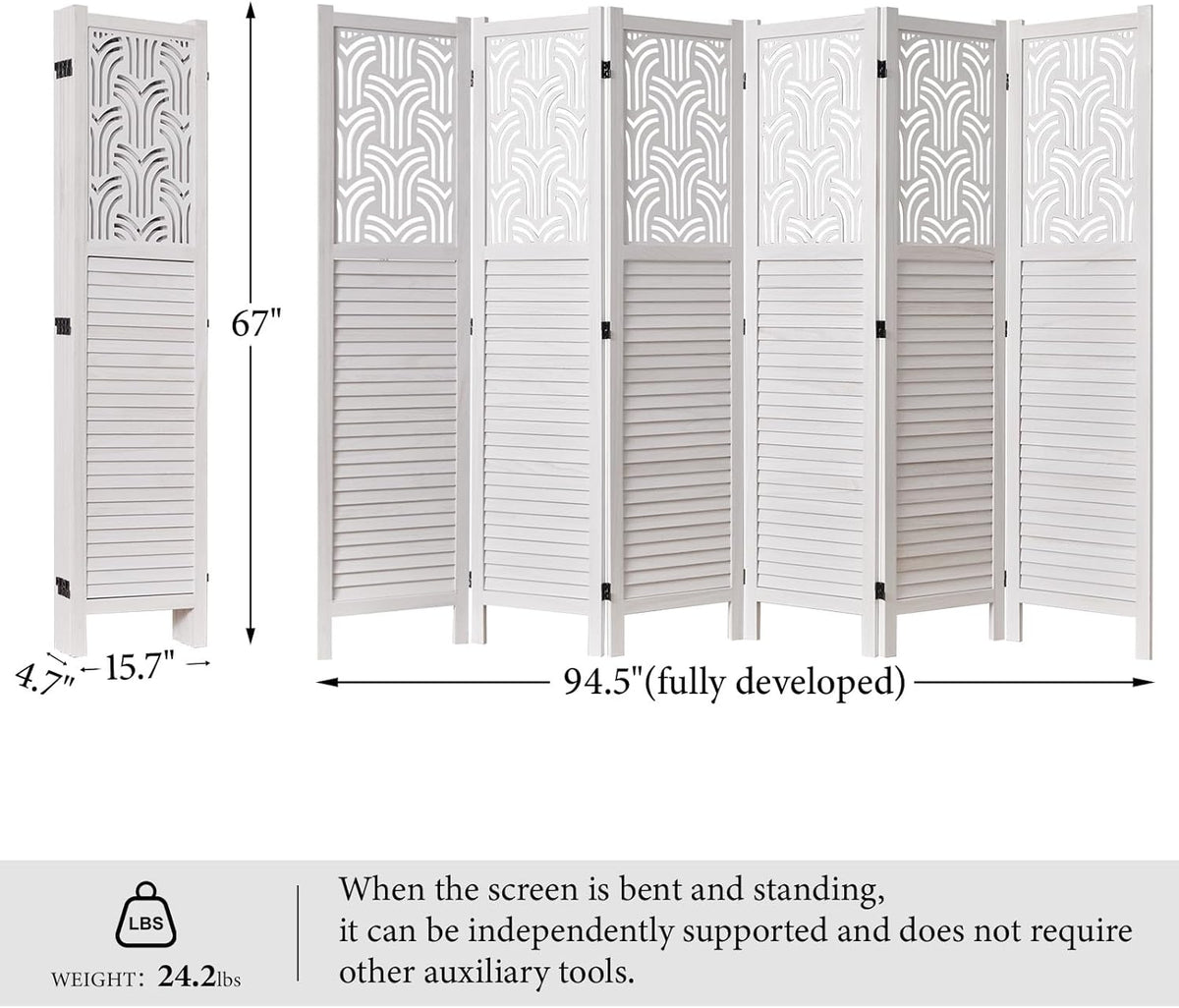 Folding Room Divider, 66.9 Inch 6 Panels Wood Carved Privacy Screens, Free Assembled Freestanding Portable Separation Wall for Home Office Restaurant Bedroom (White)
