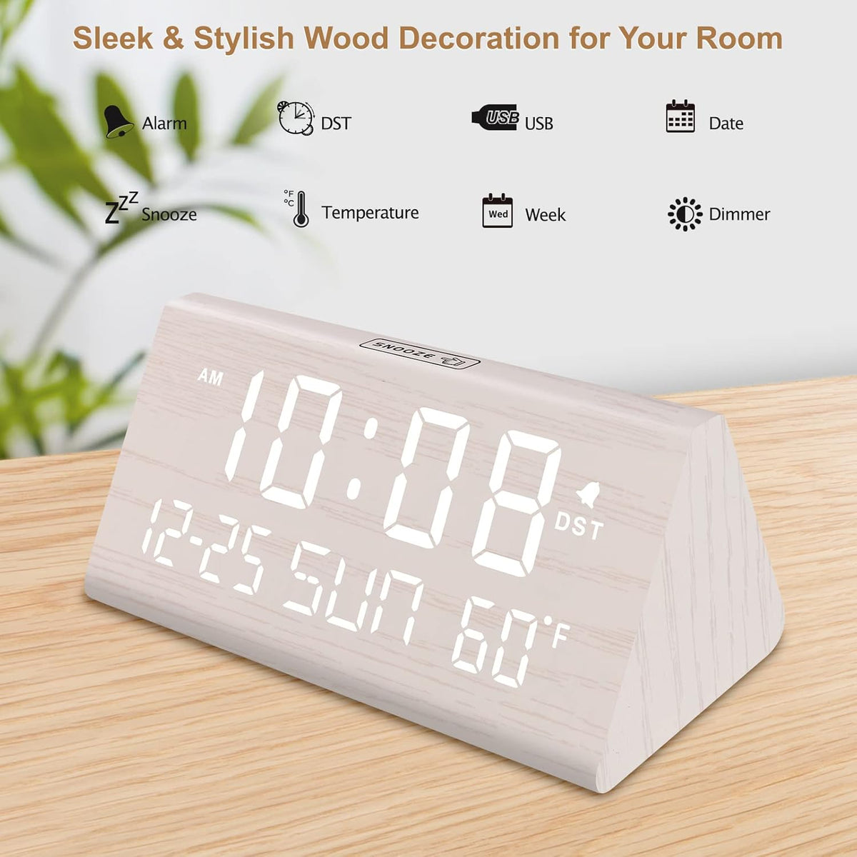DreamSky Digital Alarm Clocks for Bedrooms - Wooden Desk Clock with Date, Day of Week, USB Port, Temperature, Dimmer for Bedside Table, Living Room, Office, Adjustable Volume, Auto DST, Wood Decor