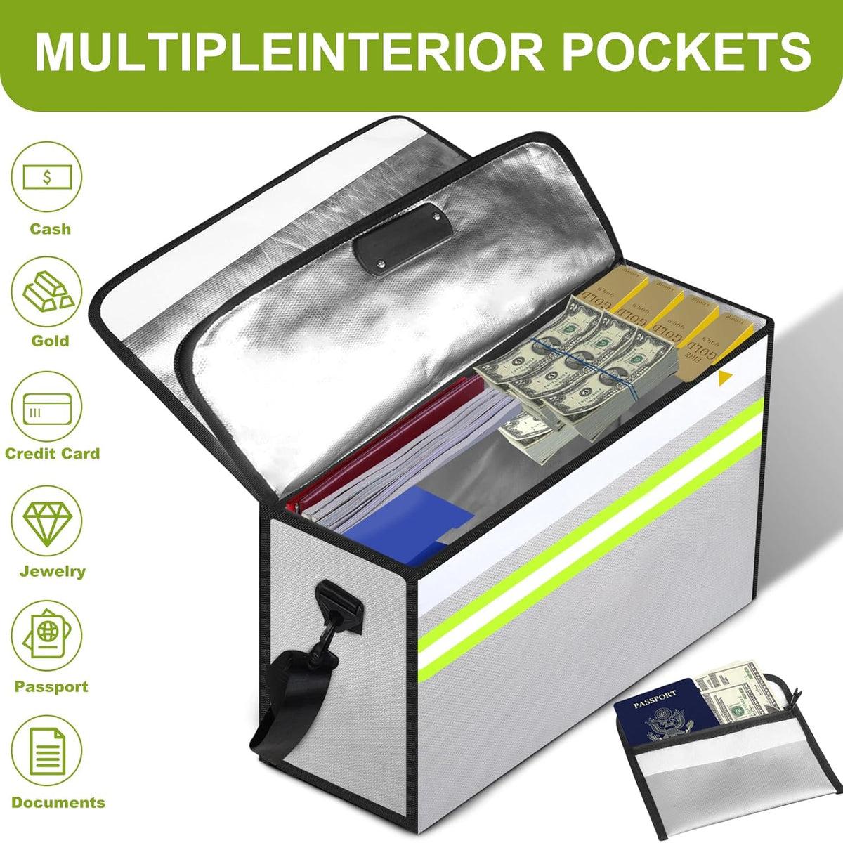 Fireproof Money Bags with Lock-6500°F Fireproof Document Box,10 Layers Insulation Materials&Waterproof Zipper,Removable Folder Layers/Wallet,Reflective Strip for Cash,Valuables(14.2”x 9.6”x 4.1”)
