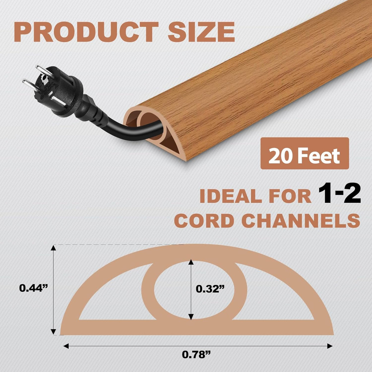 Floor Cord Cover for Wires on Floor Self Adhesive Cord Hider Floor Cable Management Wire Covers for Cords Protector Prevent Cable Trips Cord Cavity W 0.32" x H 0.32", Brown Wood, 20Ft