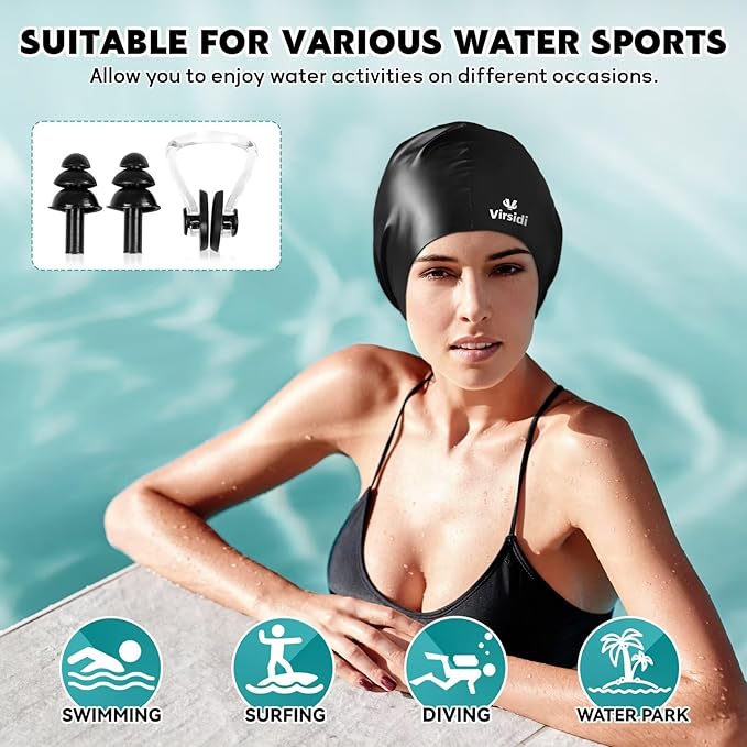 2 Pack Swim Cap for Women Men Adult, Silicone Swimming Caps for Short Long Hair, Waterproof Swim Hats Bathing Caps to Keep Hair Dry with Nose Clip and Earplugs