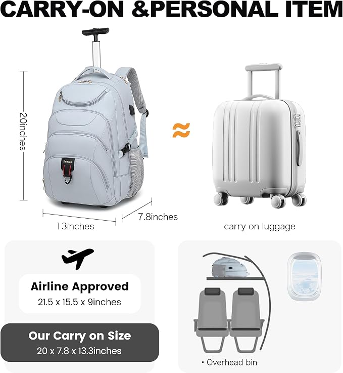 Boavan Rolling Backpack for Women, 17.3 Inch Wheeled Laptop Backpack, Large