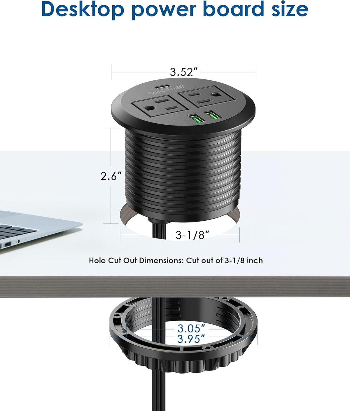 Jgstkcity 3 inch Desktop Power Grommet, Max 65W USB C Charger,2 Outlets, 3 USB Ports, Flush Mount Desk Hole Round Power Outlet, High-Speed Charging Station, Recessed Power Strip,6ft Cord Flat Plug