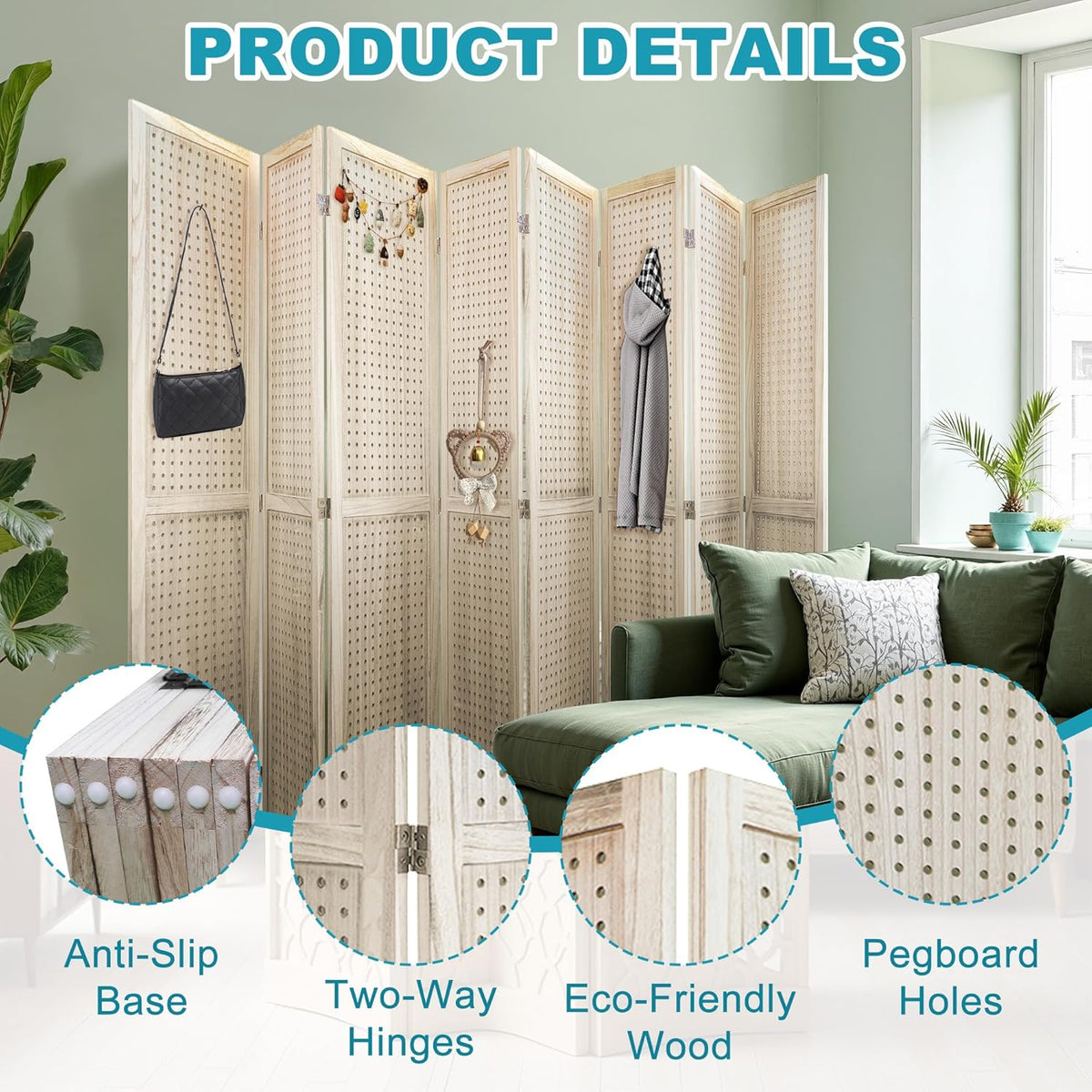 8 Panel Room Divider, 5.6FT Folding Room Divider Screen, Free Assembled Freestanding Partition for Home Office Bedroom, Tan