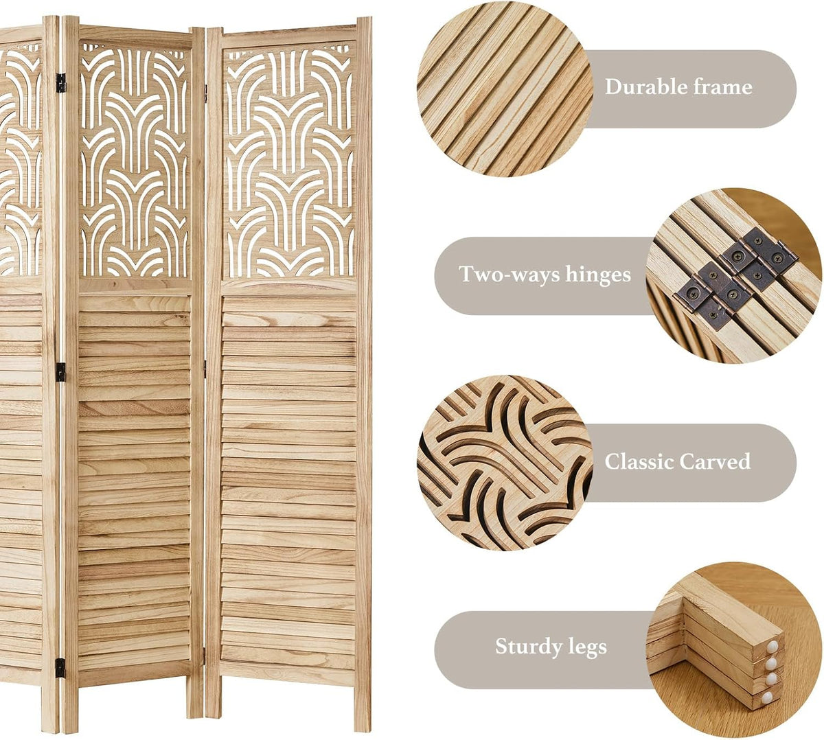 Folding Room Divider, 66.9 Inch 4 Panels Wood Carved Privacy Screens, Free Assembled Freestanding Portable Separation Wall for Home Office Bedroom (Natural)