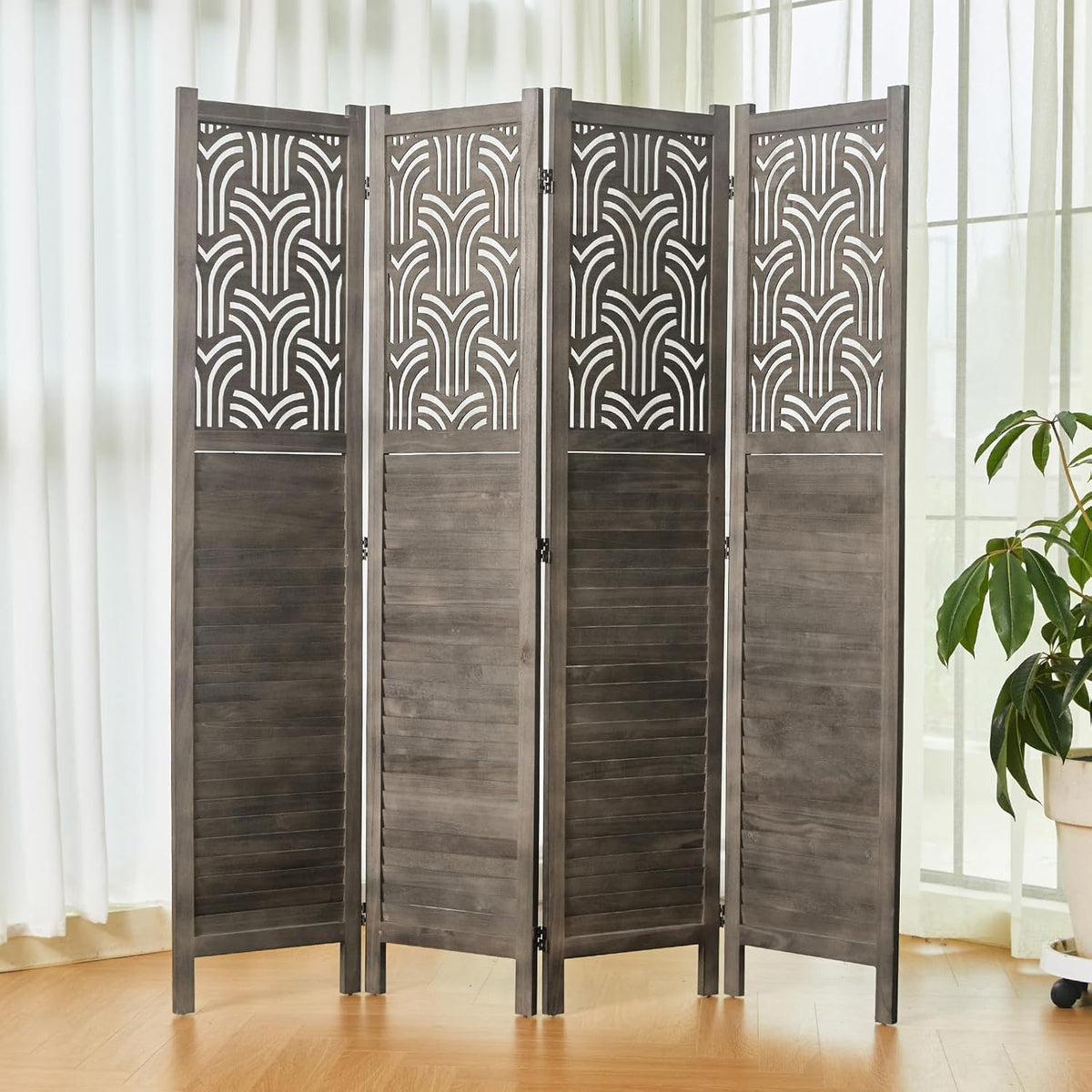 Folding Room Divider, 66.9 Inch 4 Panels Wood Carved Privacy Screens, Free Assembled Freestanding Portable Separation Wall for Home Office Restaurant Bedroom (Gray)