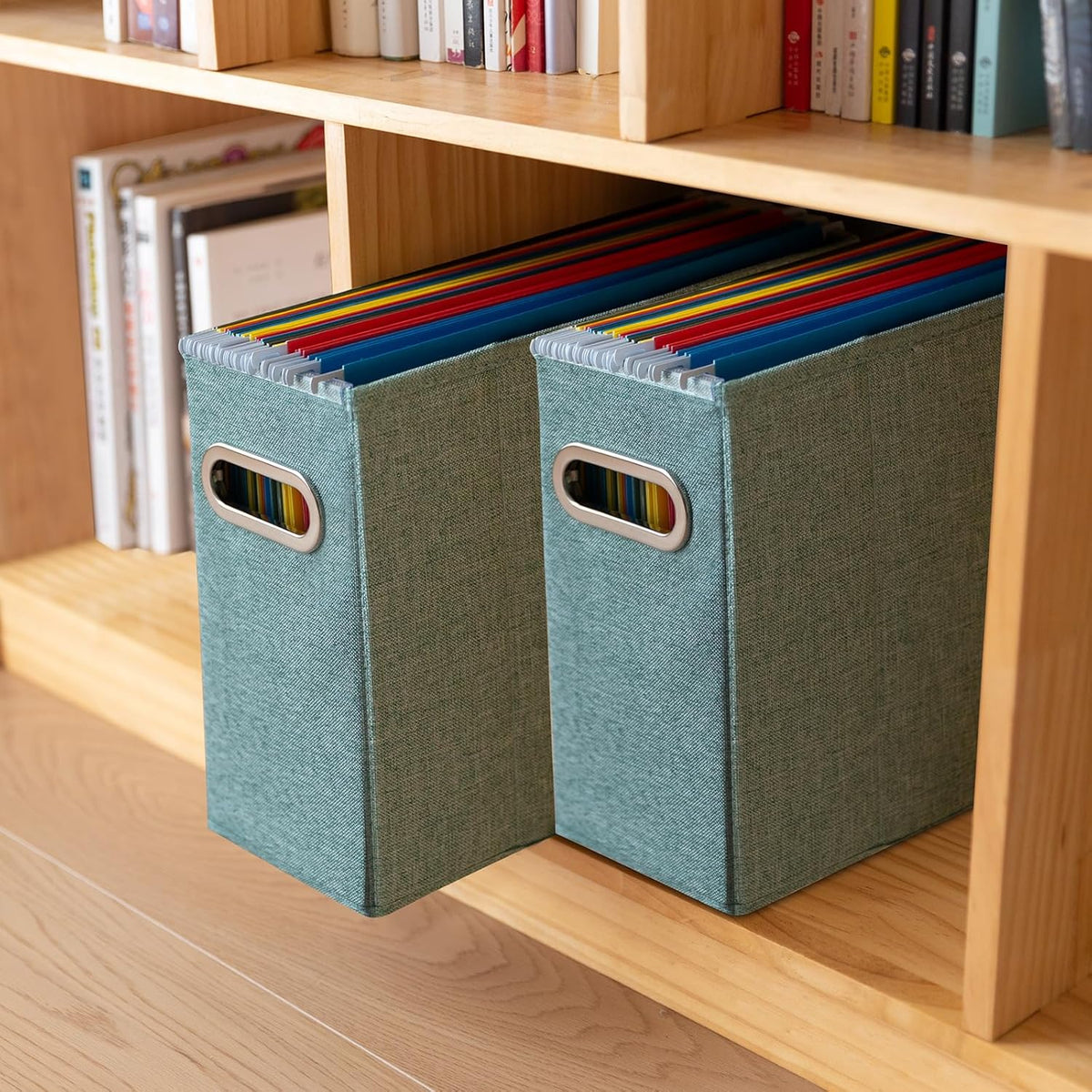 4 Packs Letter Size File Organizer, File Folders Organizer, Fabric Storage Box, Collapsible Paper Organizer with Metal Handle, Smooth PVC Rails, Only Box (Green)