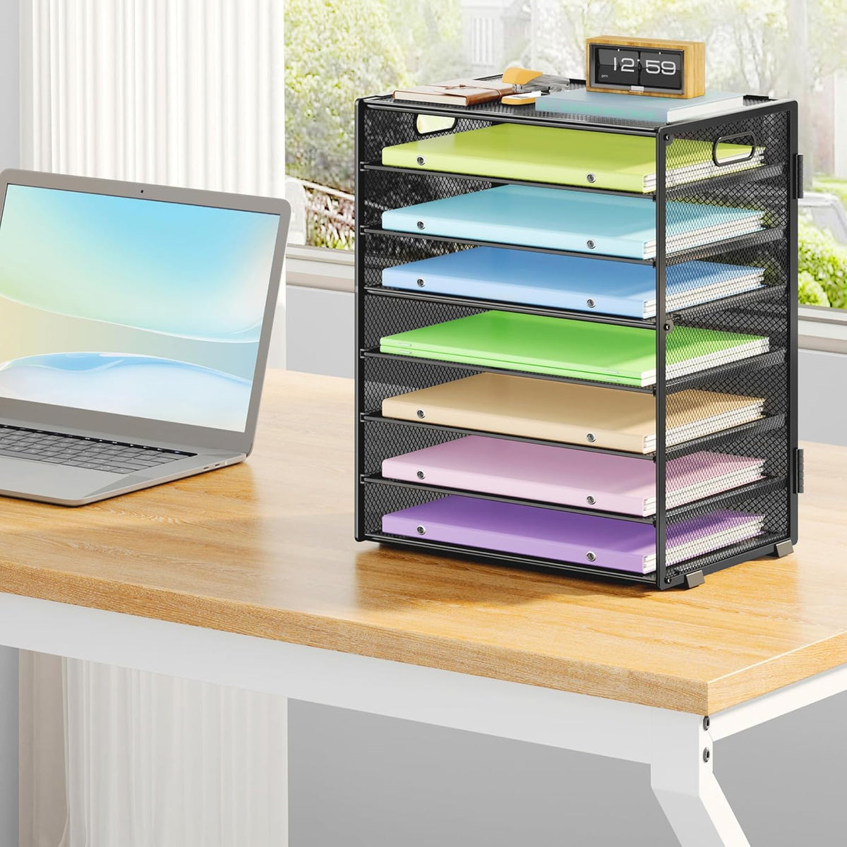 8 Tier Paper Organizer with Handle, Metal Mesh Desk File Organizer, Large Capacity Desk Organizers Paper Letter Tray Desktop Document Sorter for Office, Home or School - Black