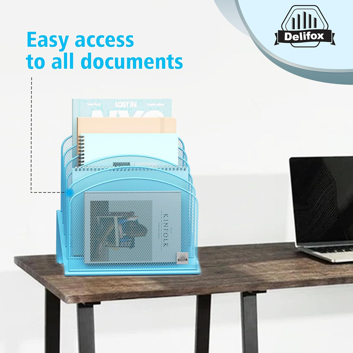 2Pack Inclined Desk File Organizer, 5-Section Vertical File Folder Holder Stand Metal Rack File Sorter for Office Classroom Desktop Organization,Blue