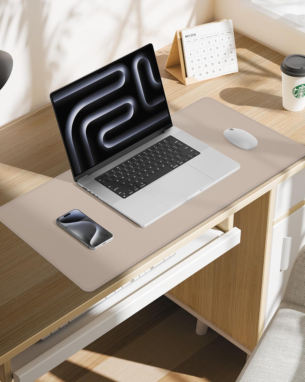 Leather Desk Pad Protector,Office Desk Mat,Large Mouse Pad, Non-Slip PU Leather Desk Blotter,Desk Pad,Waterproof Desk Writing Pad for Office and Home (Beige,31.5" x 15.7")