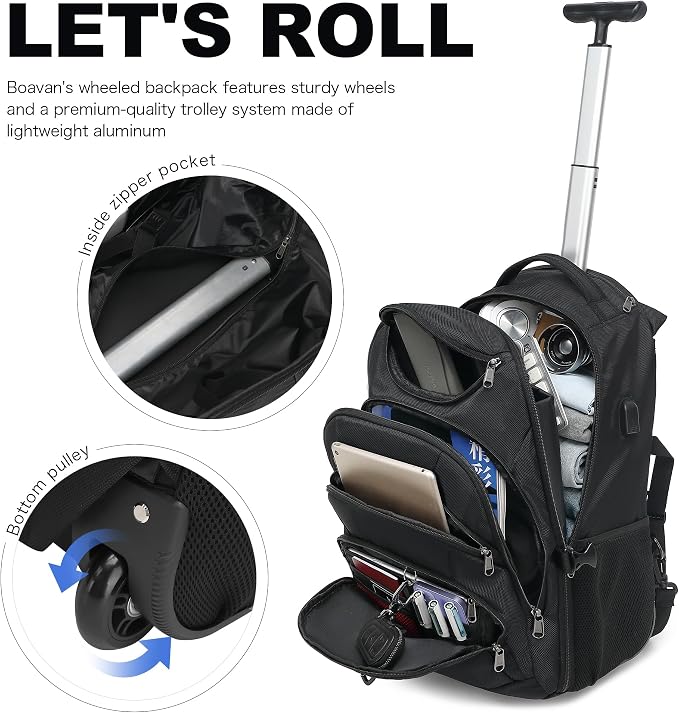 Boavan Rolling Backpack, 17 inch Water Resistant Wheeled Backpack, Carry on