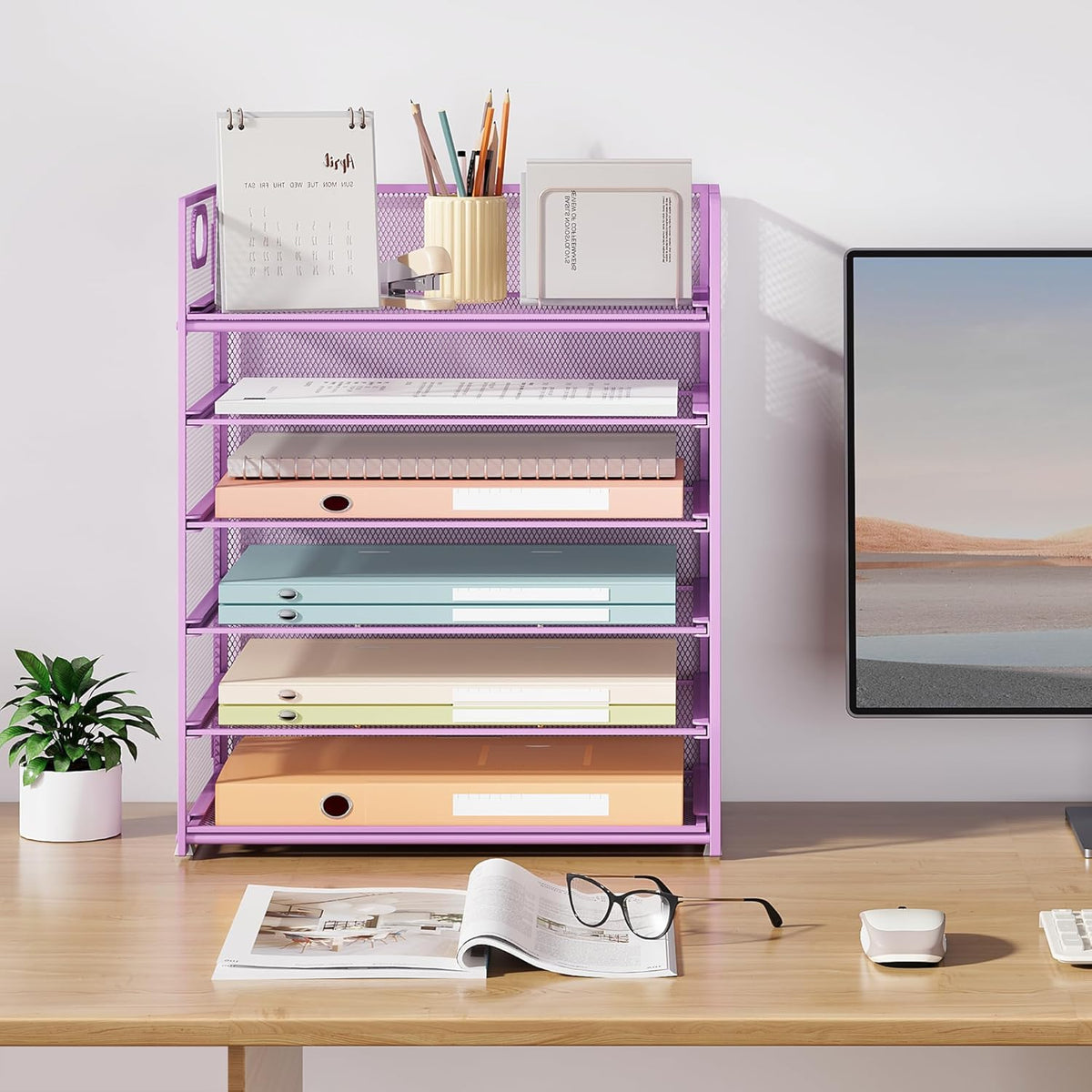 Subekyu 6-Tier Desk Paper Organizer, Desktop File Letter Tray with Handle, Document Sorter and Accessories Holder for Office, Home and School Workspace Organizers, Purple-2 Pack