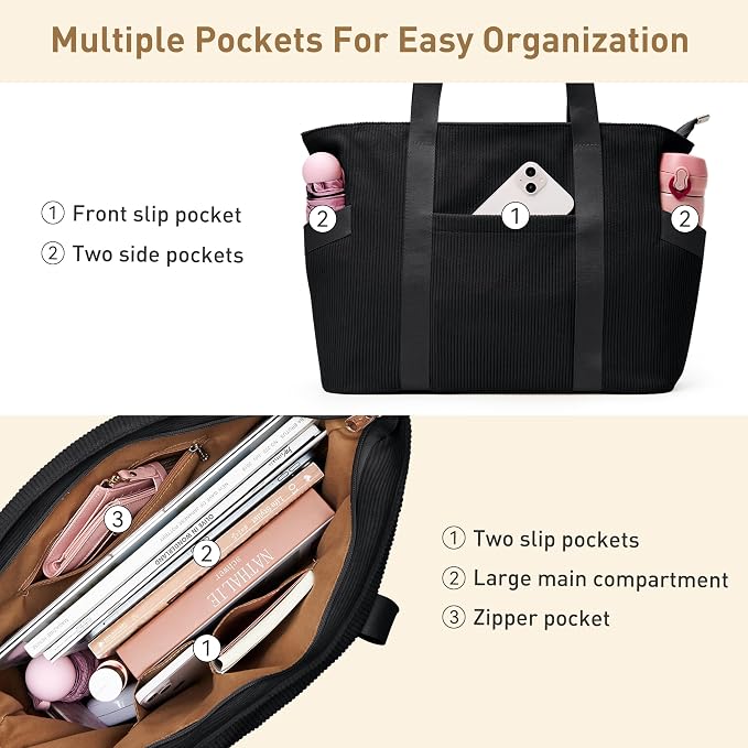 Tote Bag for Women with Zipper, Travel Tote Bags with Compartments Large