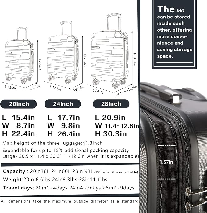 Coolife Luggage Suitcase Carry-on Hardside Travel Luggage TSA Lock Spinner