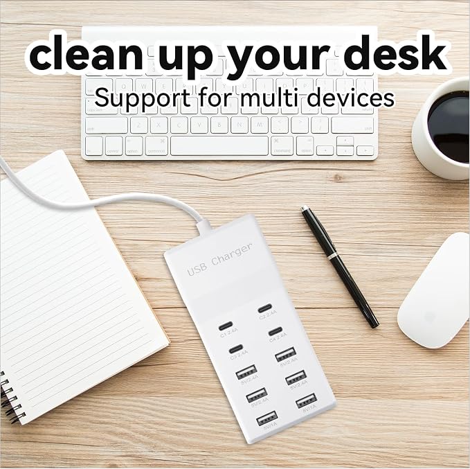 USB Charging Station, 10 Ports Family-Sized USB C Charger Block, USB Power Strip
