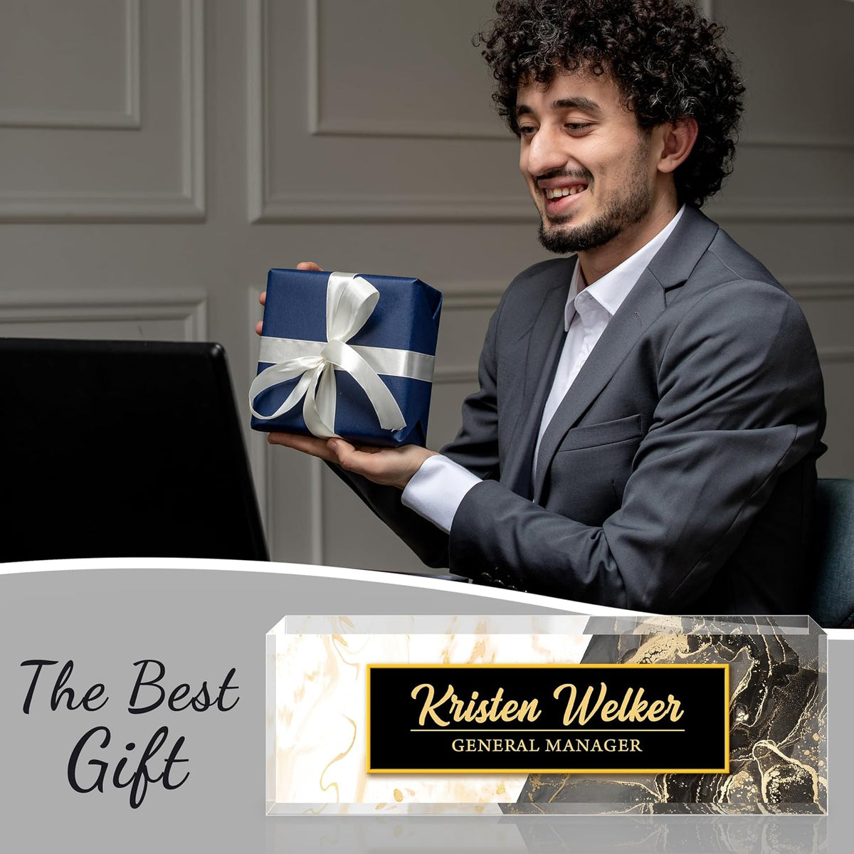 Personalized Name Plate for Desk - Custom Engraved Name Plates for Man - Boss Day Gifts for Boss - Acrylic Office Decor Appreciation Gifts for Teacher Nurse Coworker Social Worker (White/Brown)
