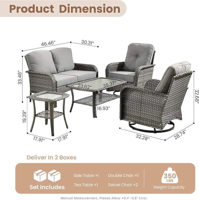 HOOOWOOO Patio Furniture Set, 5 Pieces Outdoor Conversation Set, All Weather