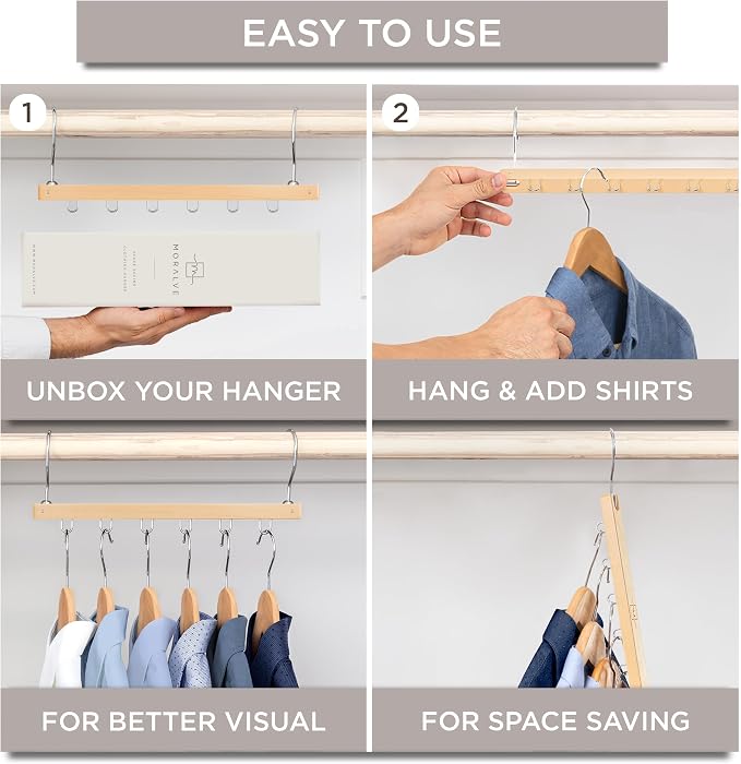 MORALVE Space Saving Hangers for Closet – 4 Pack European Beechwood 6-Tier