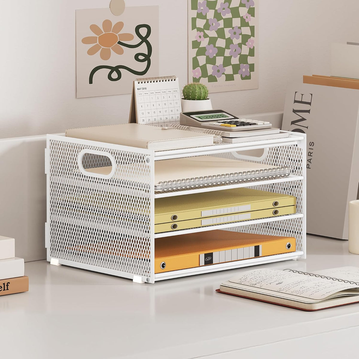 Subekyu Paper Letter Tray Organizer for Desk, White Metal Mesh Desk File Sorter Organizer with Handle and 2 Sliding Trays for Home Office School Supplies Organization